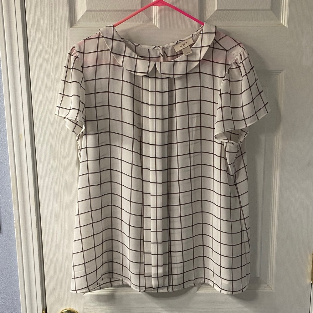 LOFT White and Black Grid Pattern Blouse